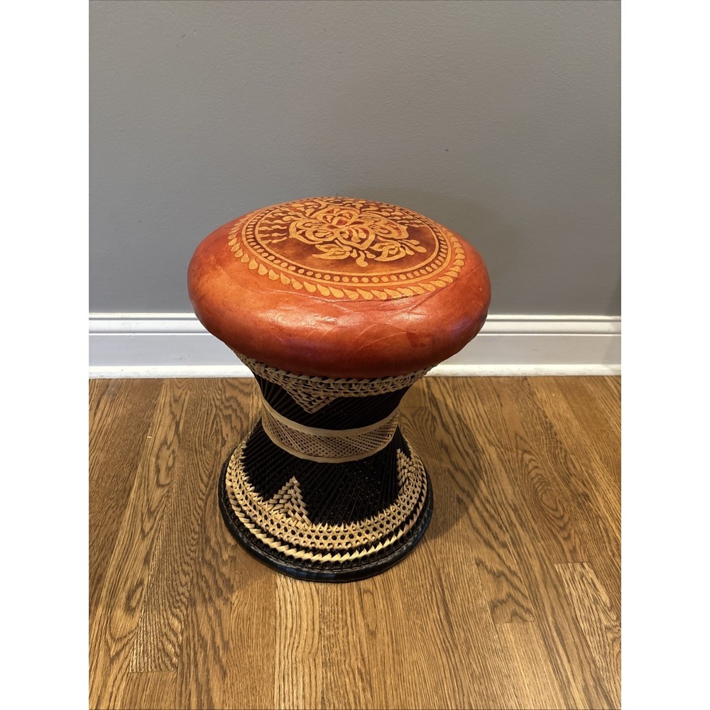 Pier 1 Leather Wicker Rattan BOHO Ottoman Stool Chair